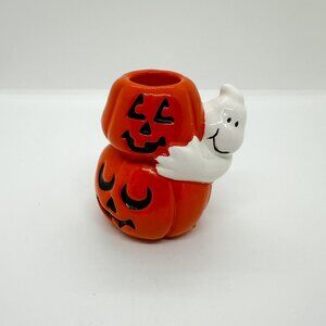 Vintage 90s AGC Ceramic Ghost Pumpkins Candle Stick Holder Halloween Spooky